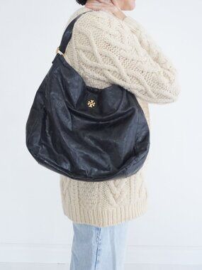 Tory Burch Black Leather Slouchy Shoulder Bag Gold Logo Soft Hobo Style Purse